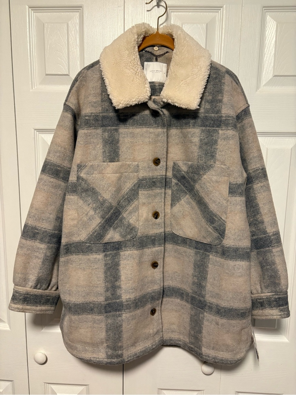 Lucky Brand Cream & Blue Gray Plaid Removable Teddy-Collar Shacket